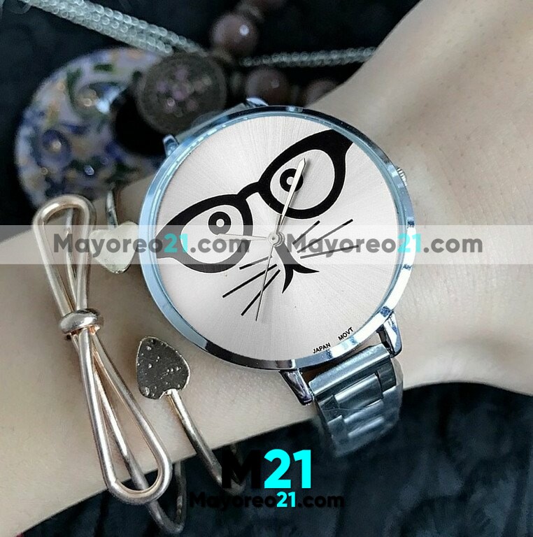 Reloj plata extensible de metal con cara de gato y lentes R1829
