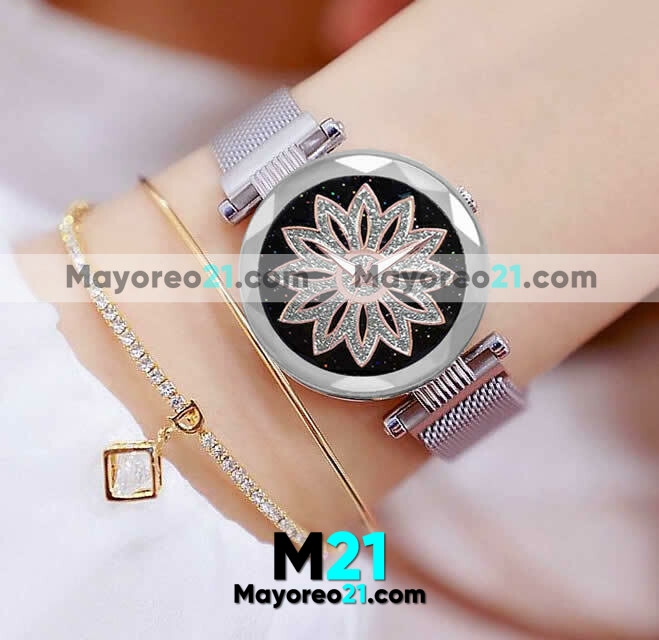 Reloj Plata Extensible Metal Mesh Imán Flor R2996