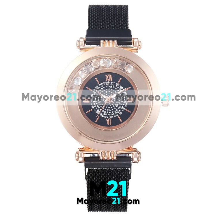 Reloj  Negro Extensible Mesh Metal Iman Caratula Diamantes Sueltos  Con Numeros Romanos   R3143