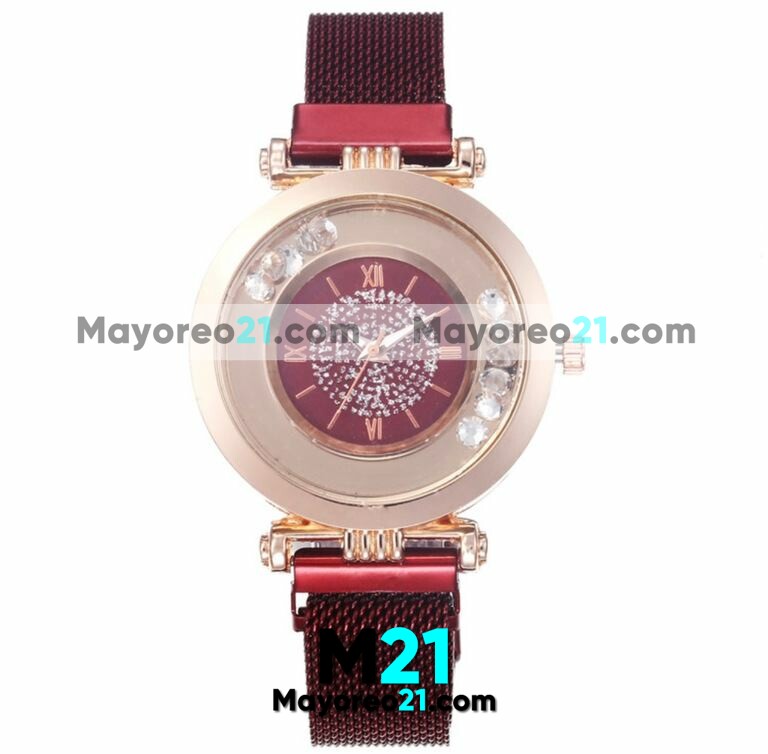 Reloj  Rojo Extensible Mesh Metal Iman Caratula Diamantes Sueltos  Con Numeros Romanos   a la moda mayoreo R3147