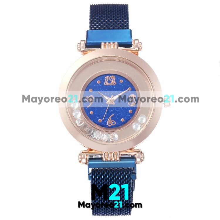 Reloj  Azul Extensible Mesh Metal Iman Caratula Diamantes Sueltos Con Corazones   R3152