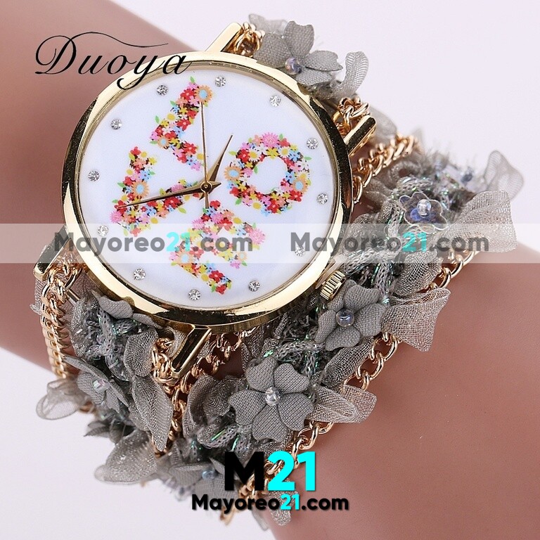 Reloj Pulsera LOVE flores y cadena Gris Extensible Tela dorada R3194
