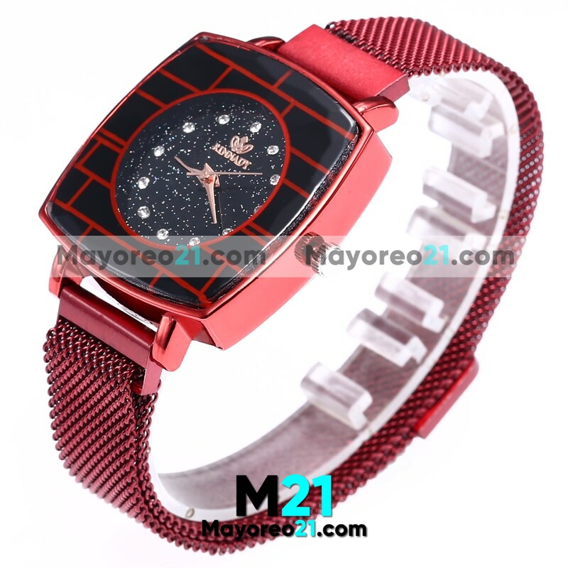 Reloj  Diamantes Rojo Extensible Metal Mesh Imán Cuadrada R3254