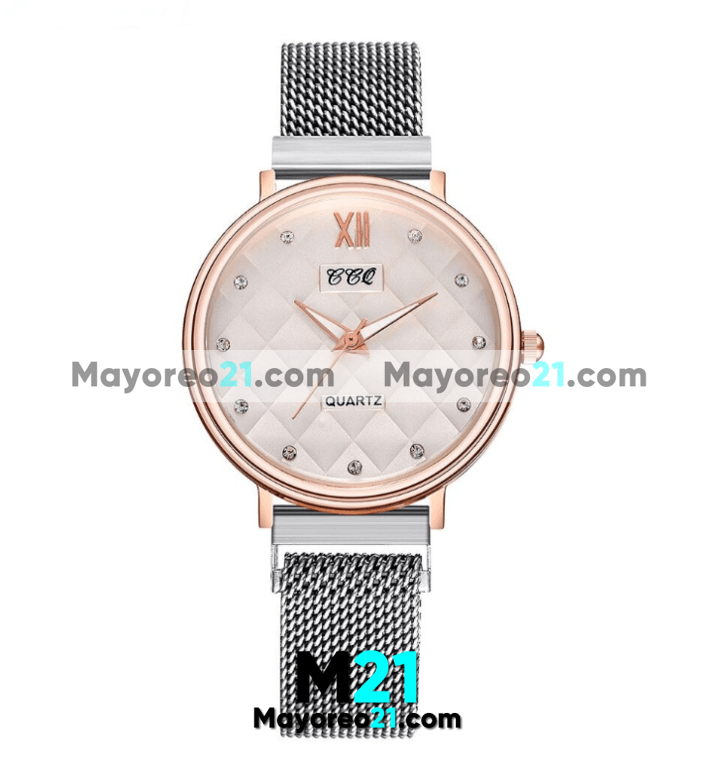 Reloj  Diamantes Plata Extensible Mesh Imán Cuadros  R3317
