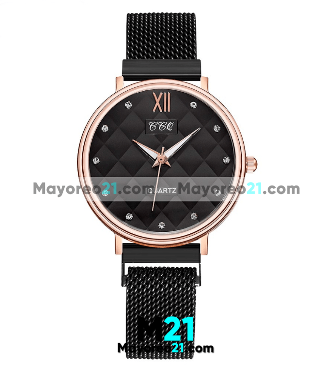 Reloj  Diamantes Negro Extensible Mesh Iman Cuadros  R3318