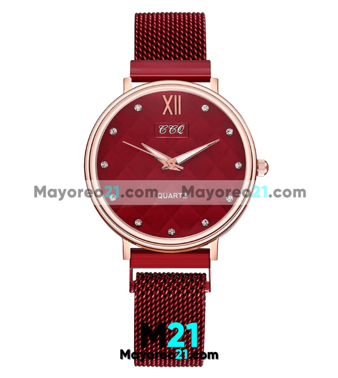 Reloj  Diamantes Rojo Extensible Mesh Imán Cuadros  R3319