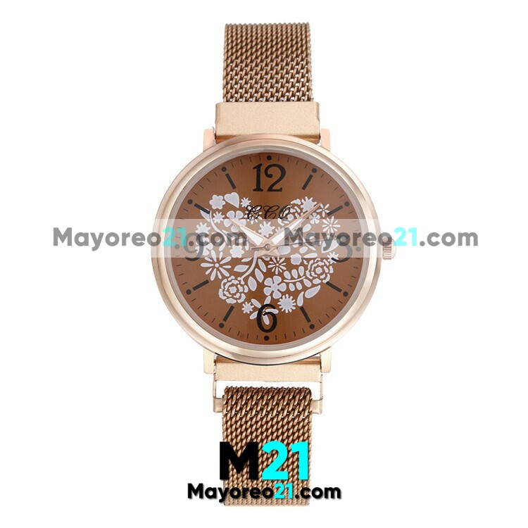 Reloj Corazón de Flores Gold Rose Extensible Metal Mesh Imán Café R3481