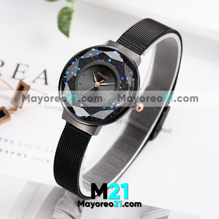 Reloj  Tornasol Negro Extensible Metal Mesh Diamantes Encapsulados   R3505