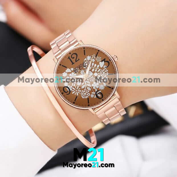 Reloj  Corazón de Flores Gold Rose Extensible Metal Café  R3553