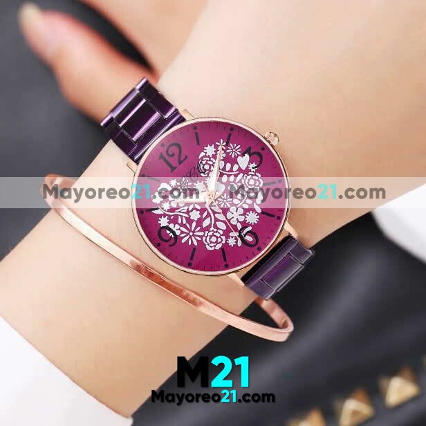 Reloj  Corazón de Flores Morado Extensible Metal Purpura R3554