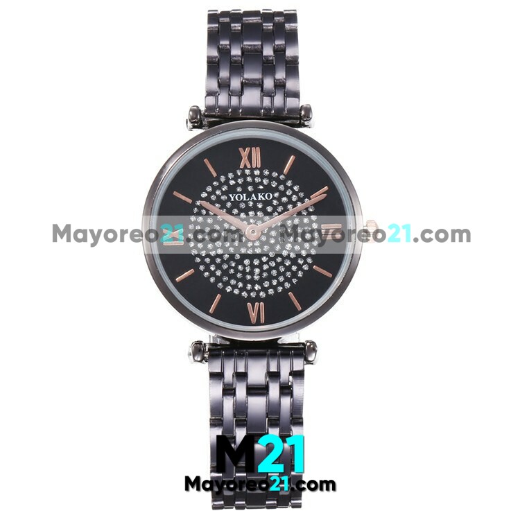 Reloj  Diamantes Negro Extensible Metal Números Romanos  R3570