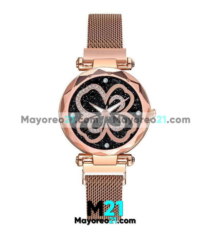 Reloj  Diamantes Gold Rose Extensible Metal Mesh Imán Trébol 4 Hojas  R3602