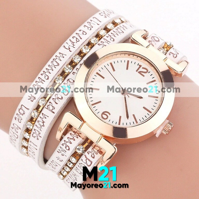 Reloj Pulsera Grabado Blanco Extensible Piel Sintética Diamantes R3615