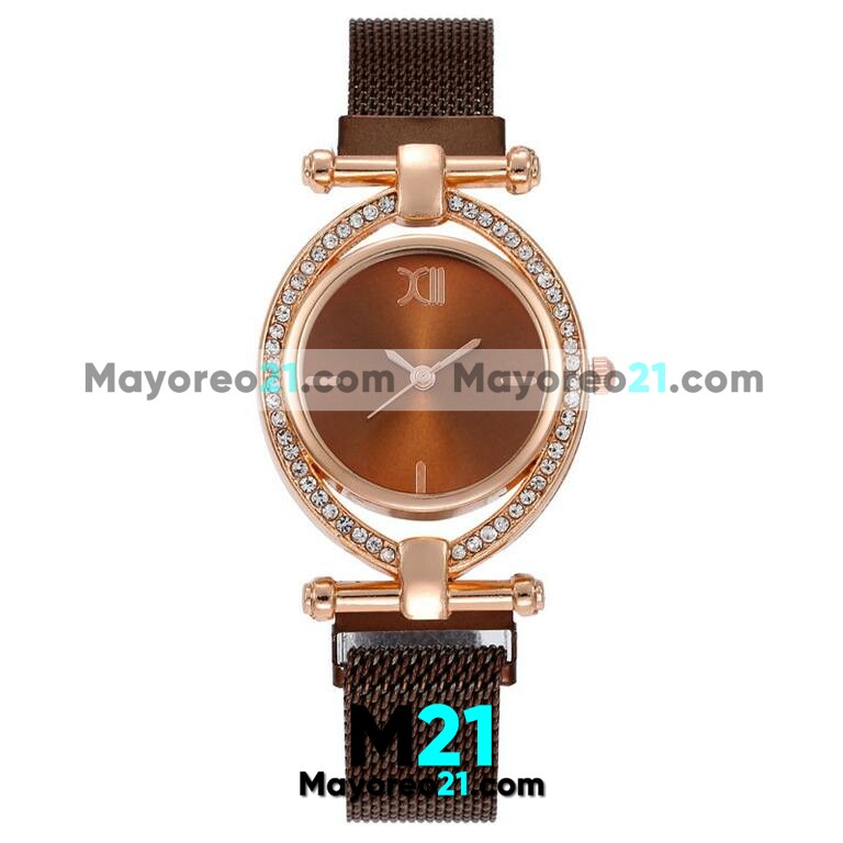 Reloj  Doble Aro Gold Rose Extensible Metal Mesh Imán Café y Diamantes  R3637
