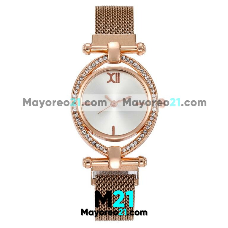 Reloj  Doble Aro Doble Aro Extensible Metal Mesh Imán Blanco y Diamantes  R3639