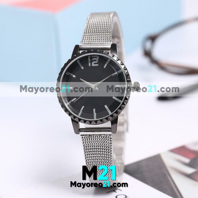Reloj  Grabado de Flores Plata Extensible Metal Mesh Negro  R3670