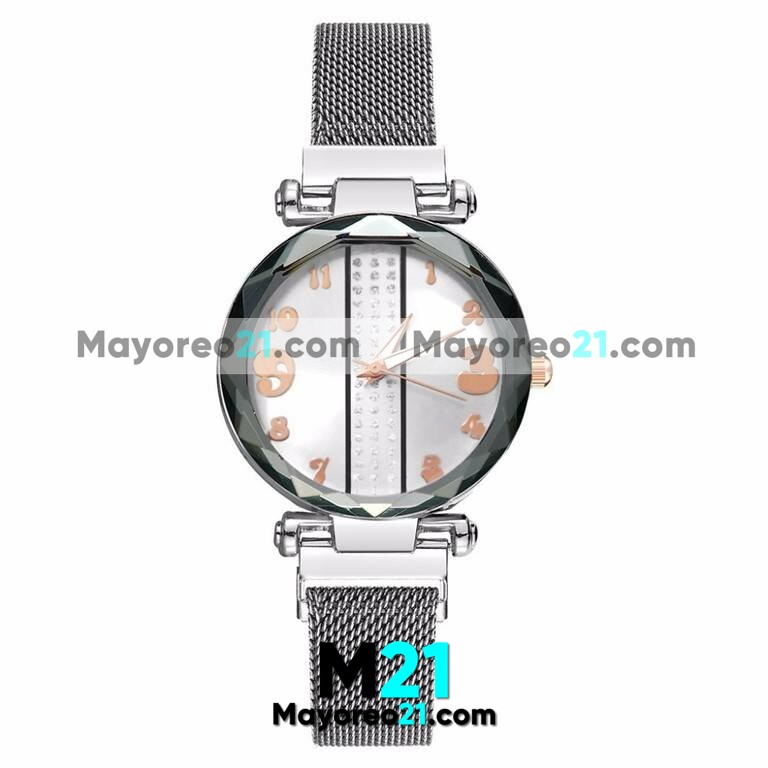 Reloj  Franja de Brillos Plata Extensible Metal Mesh Imán Diamante  R3675