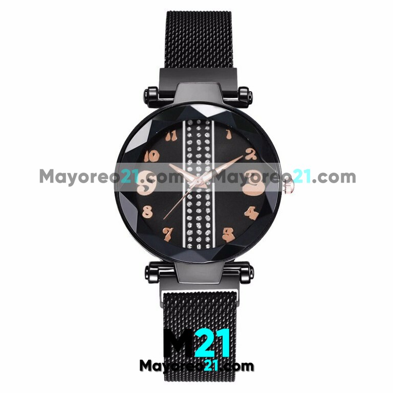 Reloj  Franja de Brillos Negro Extensible Metal Mesh Imán Diamante  R3676