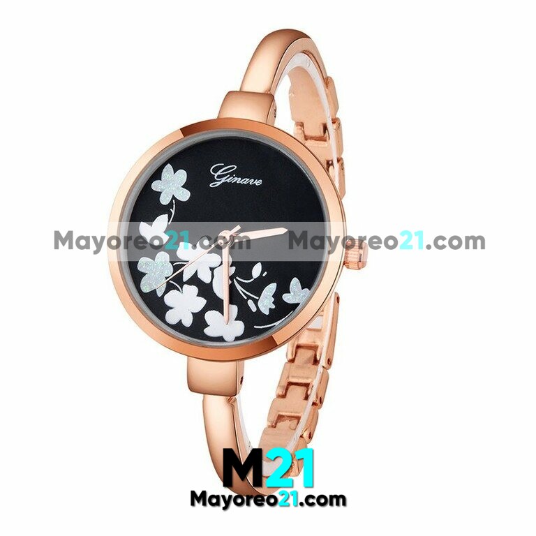 Reloj  Flores Blancas Brazalete Rosado Extensible Metal  Delgado Negra  R3696