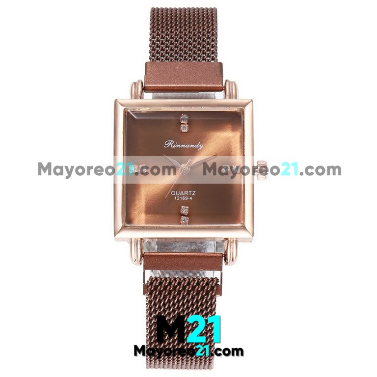Reloj  Diamantes Café Extensible Metal Mesh Imán  Cuadrada  R3744