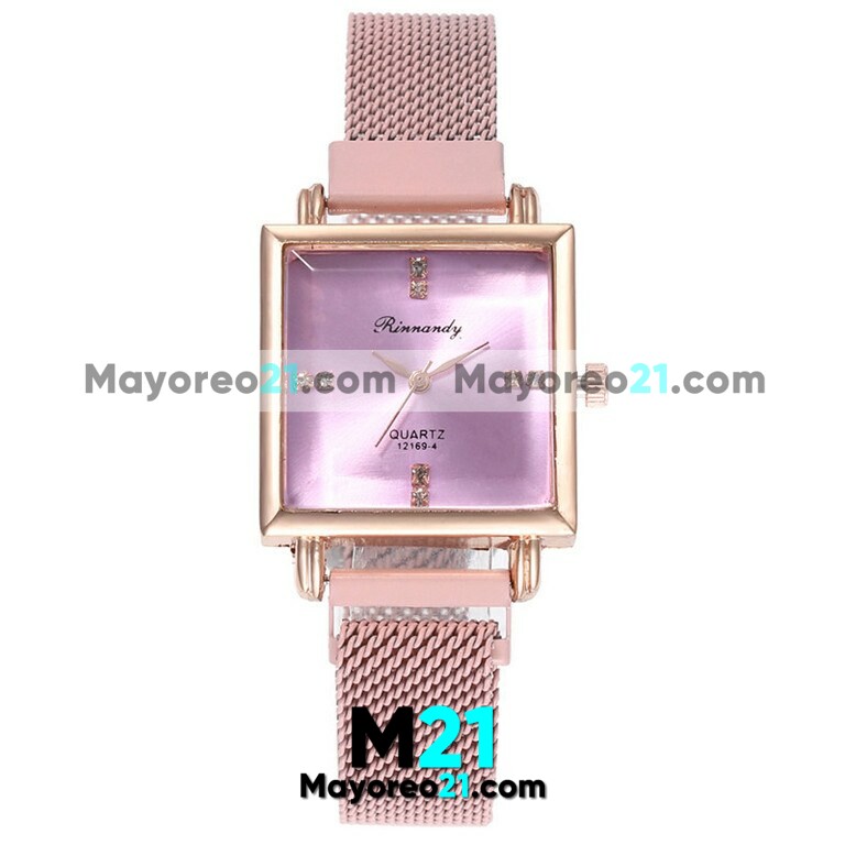 Reloj  Diamantes Rosa Extensible Metal Mesh Imán  Cuadrada  R3745