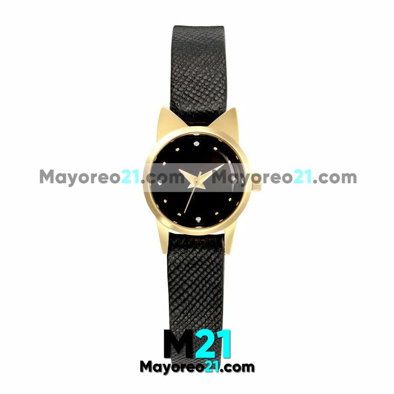 Reloj Mini Orejas de Gato Negro Extensible Piel Sintética Diamantes R3795