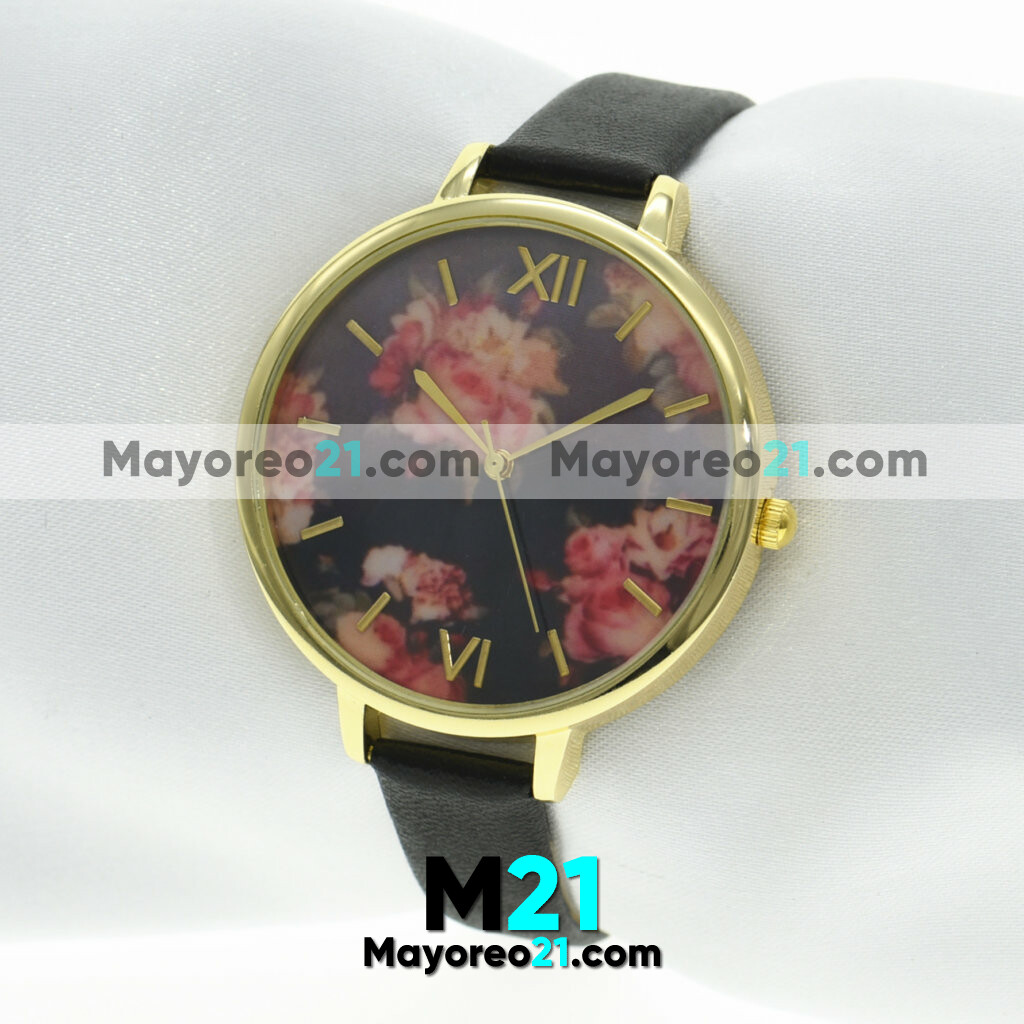 Reloj Tipo Piel  Negro Caratula Floral y Números Romanos proveedores directos de fabrica R3917