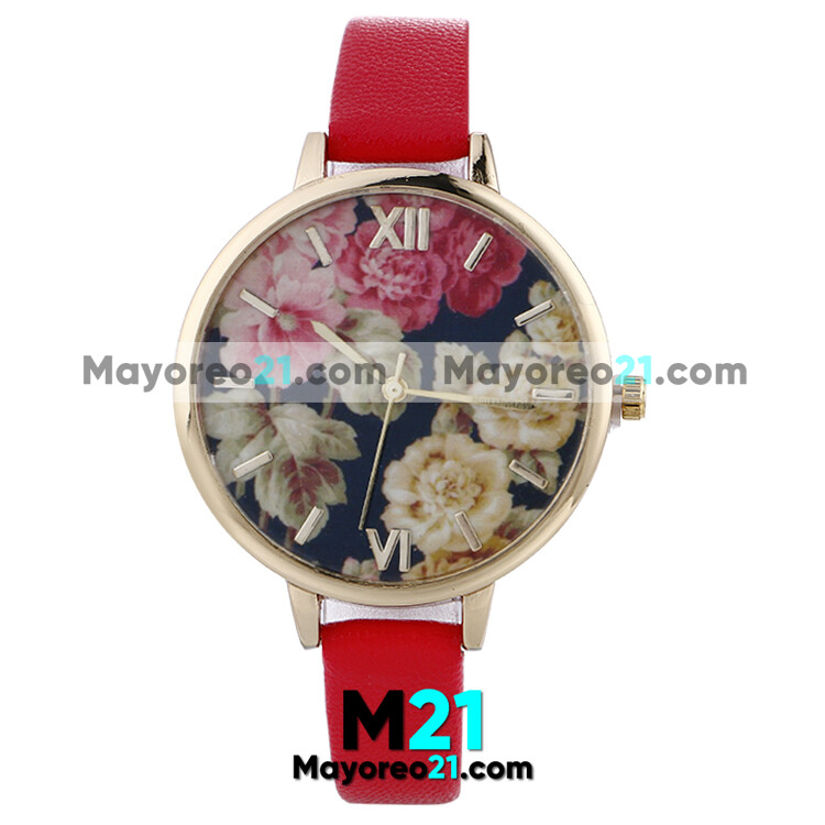 Reloj Tipo Piel  Rojo Caratula Numeros Romanos con Flores  proveedores directos de fabrica R3943