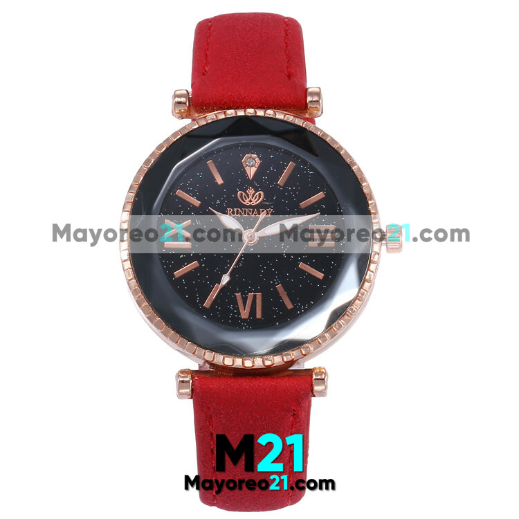 Reloj Tipo Piel  Rojo Caratula Dorada con Fondo Negro Destellos de Colores Numeros Romanos  proveedores directos de fabrica R3957