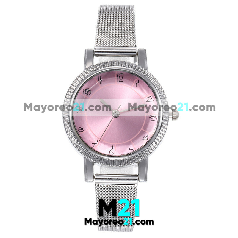 Reloj Metal Mesh Plata Caratula Fondo Rosa  con Numeros   proveedores directos de fabrica R4006