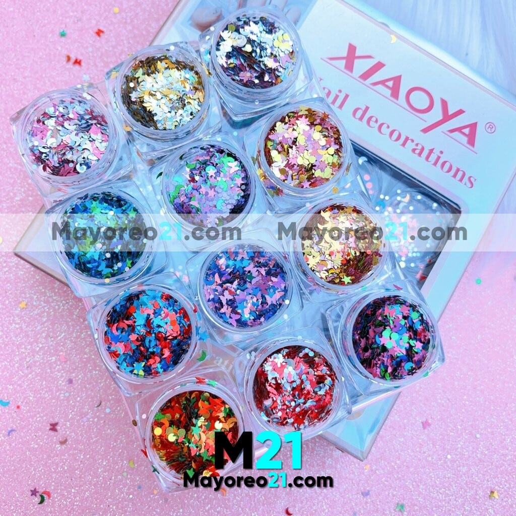 Kit para Uñas 12 pzas de Acetato Confetti Luna, Estrella Mariposas Multicolores Xiaoya  Fabricantes por mayoreo M3760