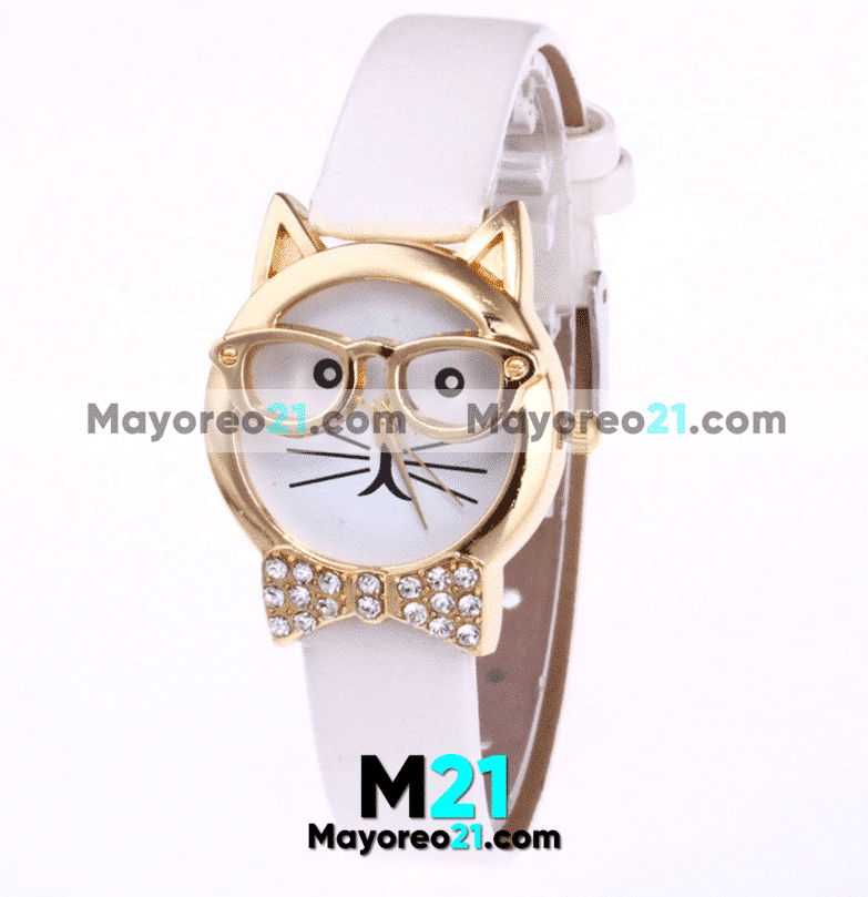 Reloj Tipo Piel Blanco Caratula Gato con Moño y Diamantes proveedores directos de fabrica R4162
