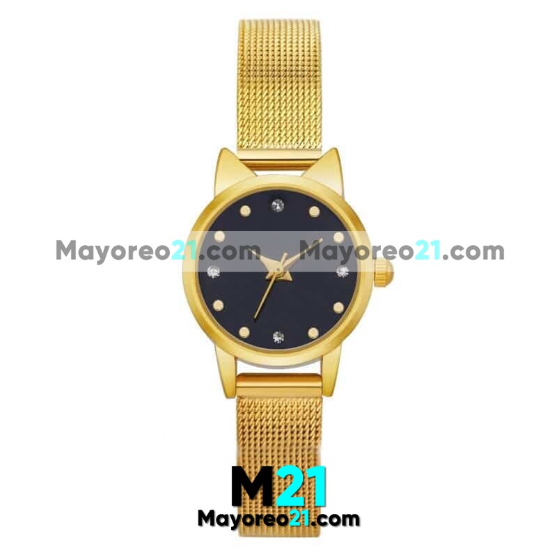 Reloj Metal Mesh  Dorado Caratula Gato Sin Numeros con Brillantes proveedores directos de fabrica R4163