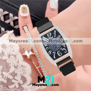 Reloj Numeros Grandes con Destellos y Diamantes Extensible Metal Mesh Iman Con Caratula Negro proveedores directos de fabrica R4467
