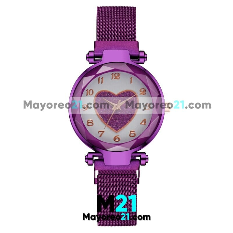 Reloj Blanca con Corazon Morado Extensible Metal Mesh Con Caratula Morado proveedores directos de fabrica R4675