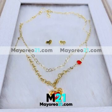 Set Collar Doble y Aretes Diamante de Corazon Dorado Acero Inoxidable Fabricante Mayorista A3374