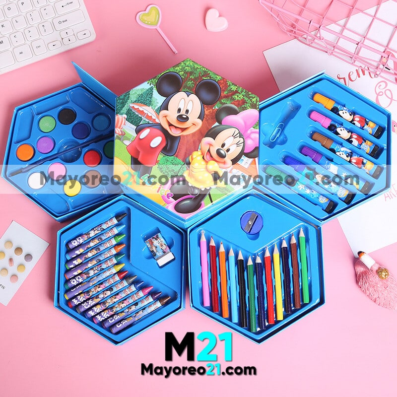 A3600 Caja Set De Pinturas Mickey & Minnie Mouse 46 Piezas Azul Accesorios De Mayoreo
