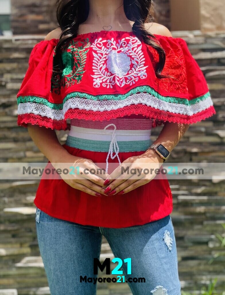 rn00134 Blusa Artesanal Roja Campesina Bordado Tricolor Viva Mexico Ropa al Por Mayor