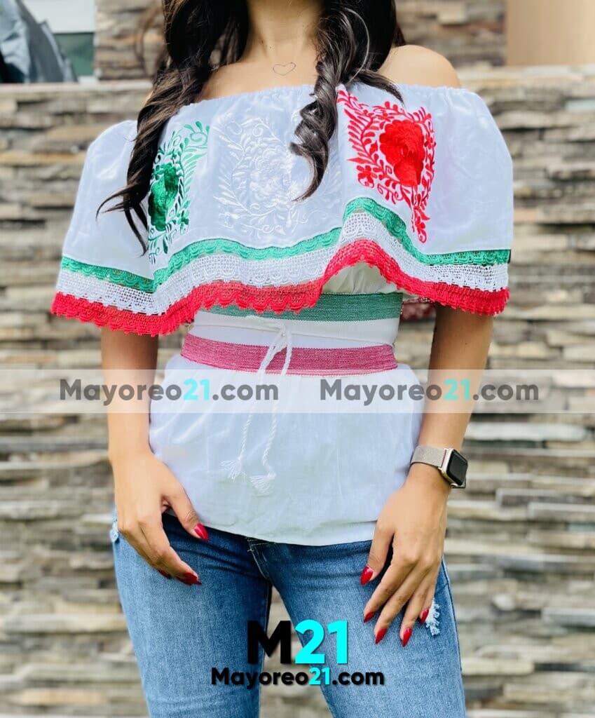 rn00136 Blusa Artesanal Blanca Campesina Bordado Tricolor Viva Mexico Ropa al Por Mayor