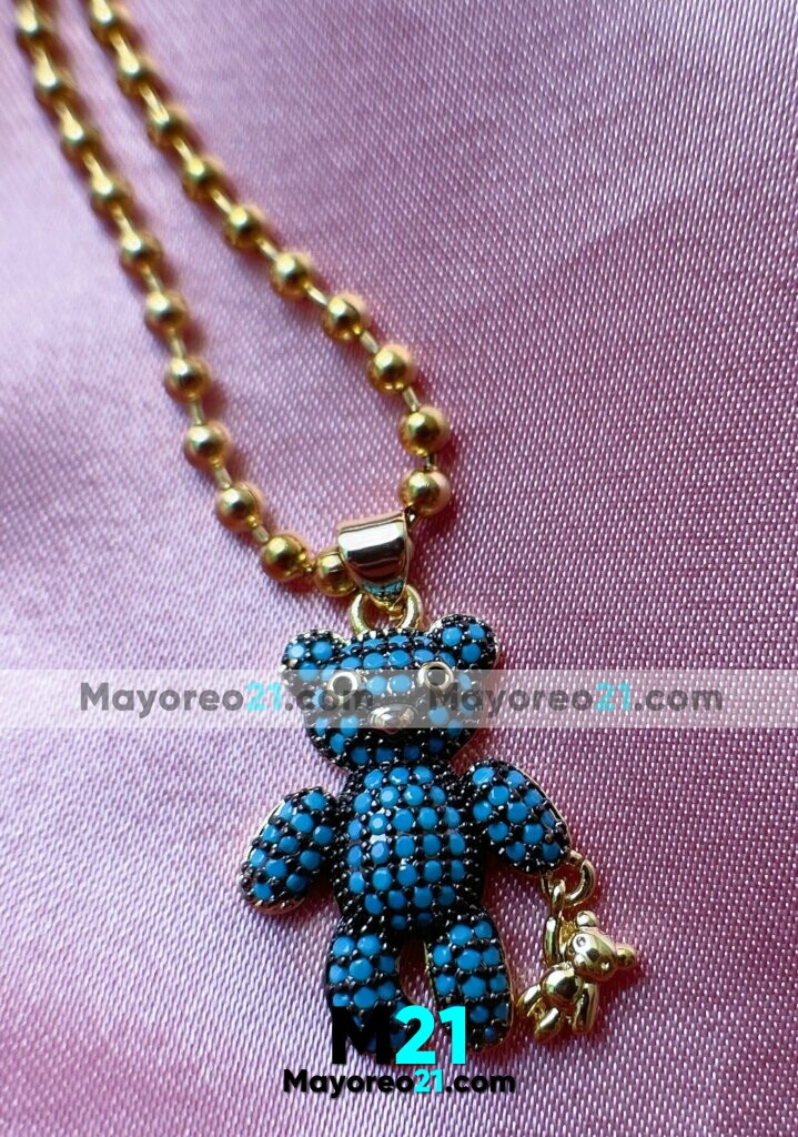 Collar Osito Teddy Azul de Diamantes Dorado Acero Inoxidable Fabricante Mayorista A3604